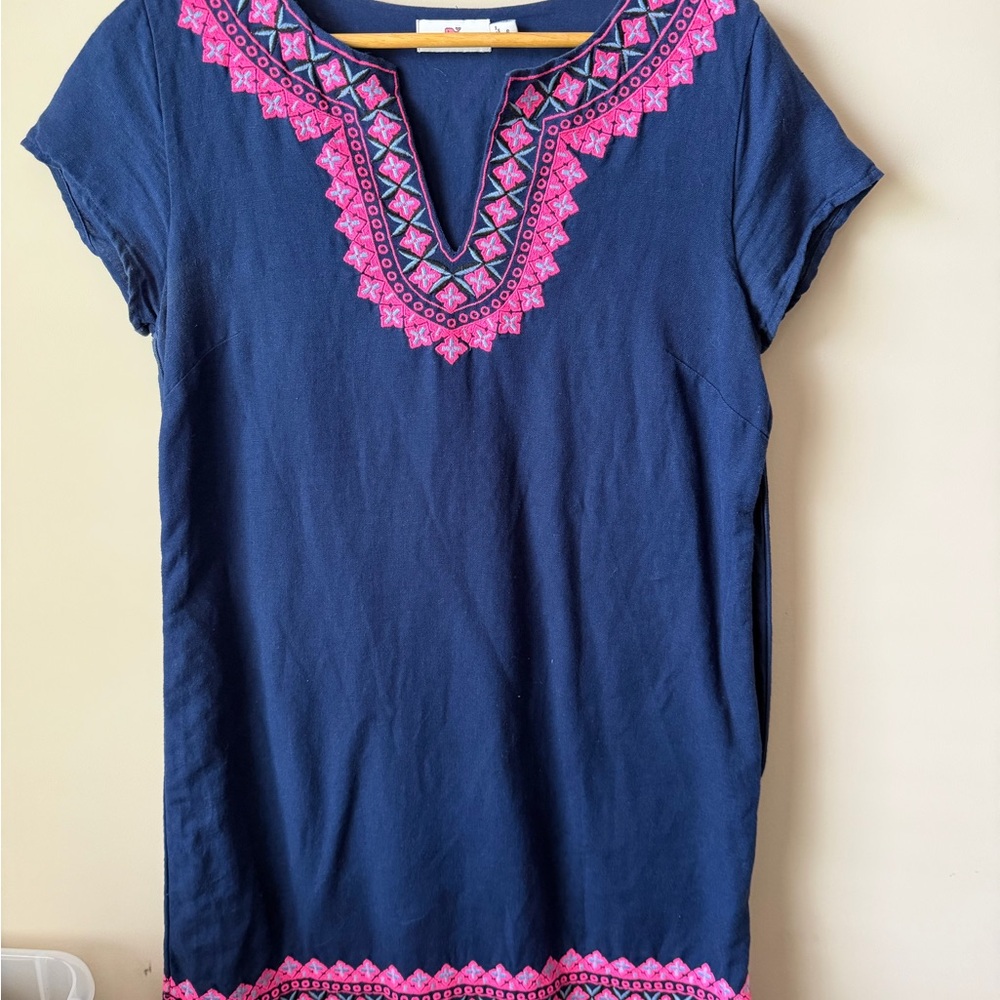 Vineyard Vines Navy Linen Tunic Dress with Pink Embroidered Trim